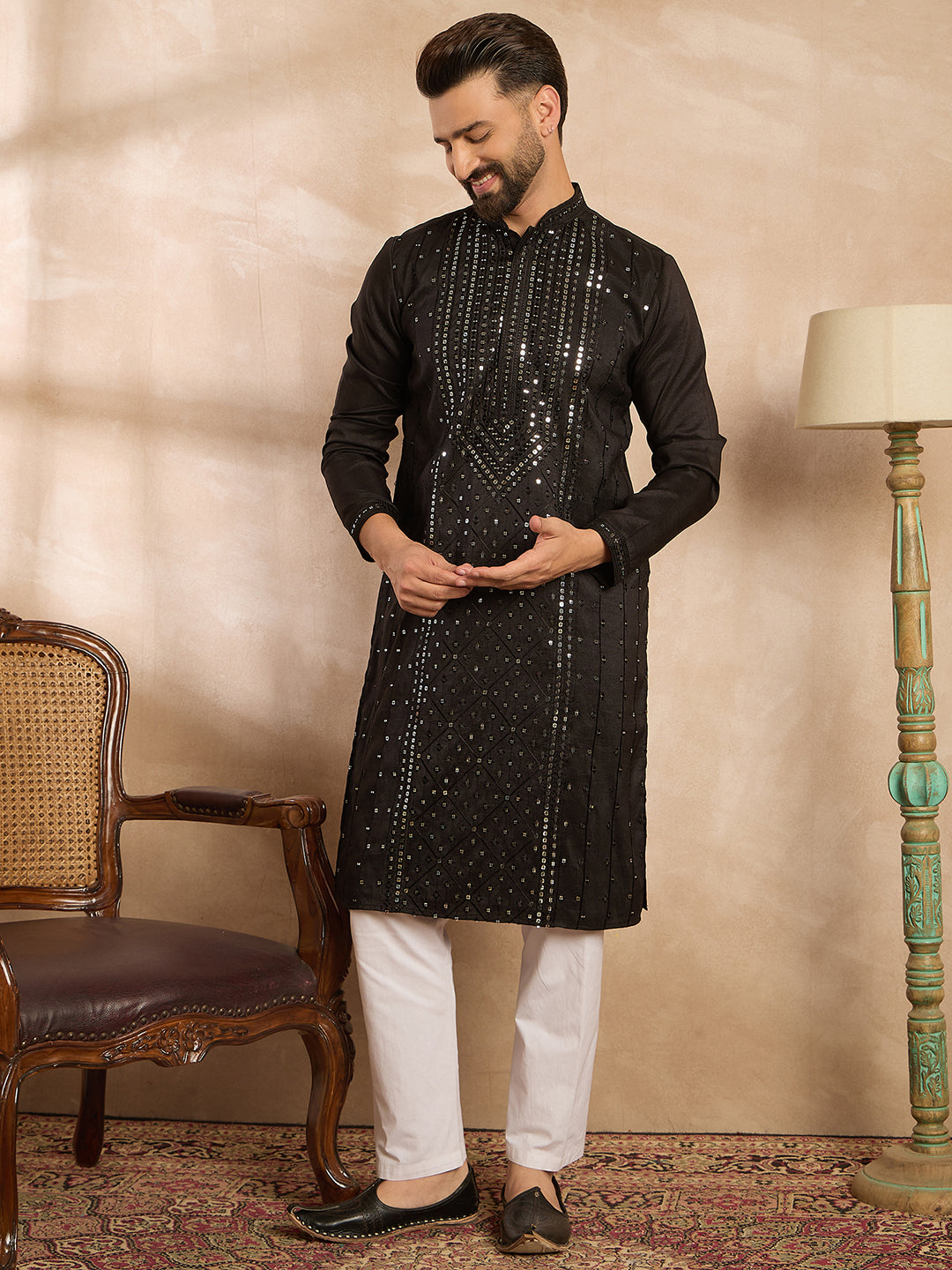 Ethnic Bay Men Black Silk Blend Geometric Embroidered Straight Kurta
