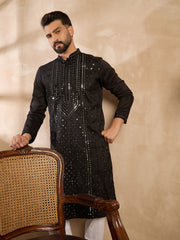 Ethnic Bay Men Black Silk Blend Geometric Embroidered Straight Kurta-MKU1689