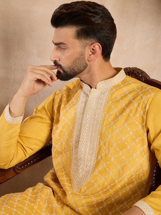 Ethnic Bay Men Yellow Silk Blend Solid Embroidered Straight Kurta-MKU1691 1080