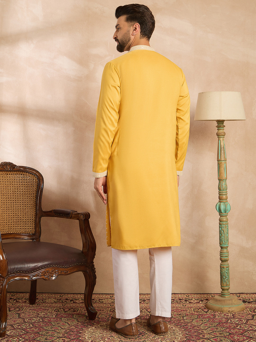 Ethnic Bay Men Yellow Silk Blend Solid Embroidered Straight Kurta