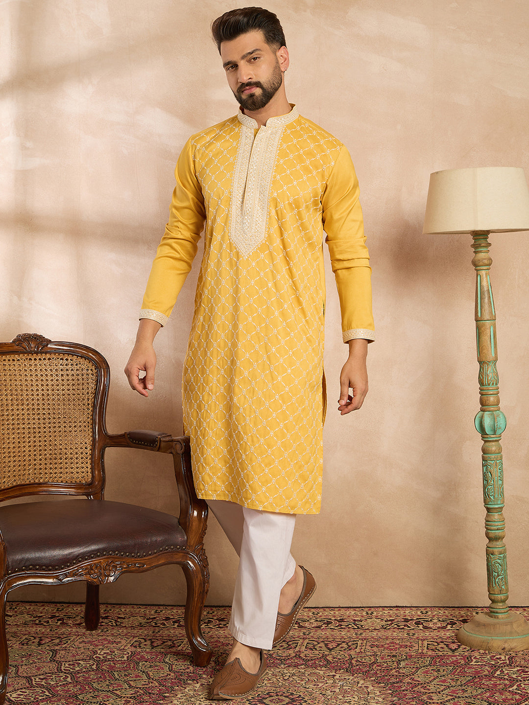Ethnic Bay Men Yellow Silk Blend Solid Embroidered Straight Kurta