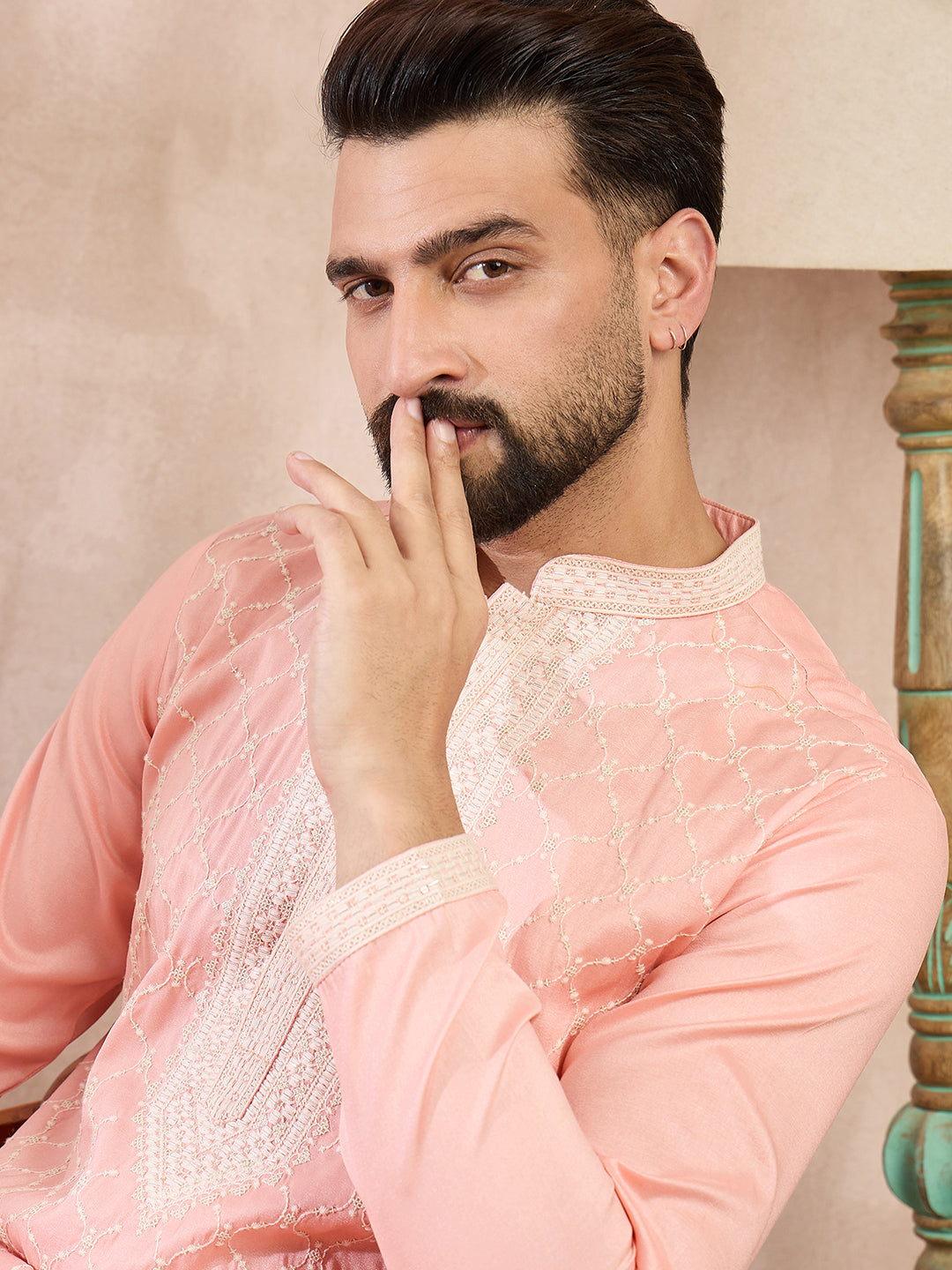 Ethnic Bay Men Pink Silk Blend Ethnic Motifs Embroidered Straight Kurta