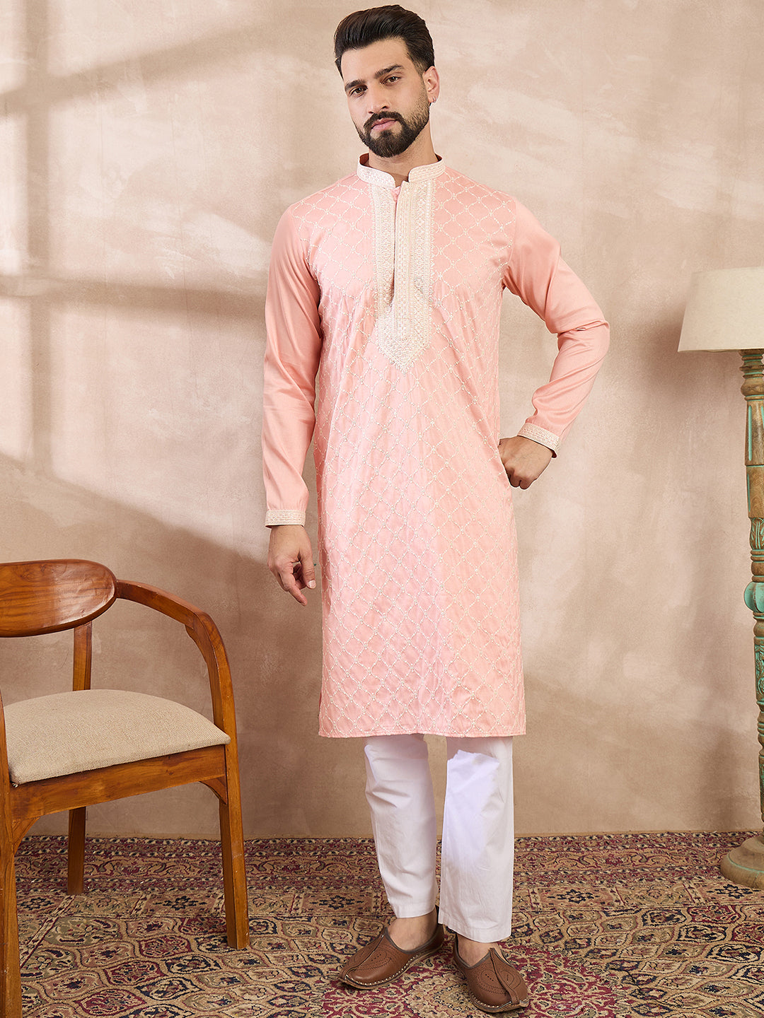 Ethnic Bay Men Pink Silk Blend Ethnic Motifs Embroidered Straight Kurta