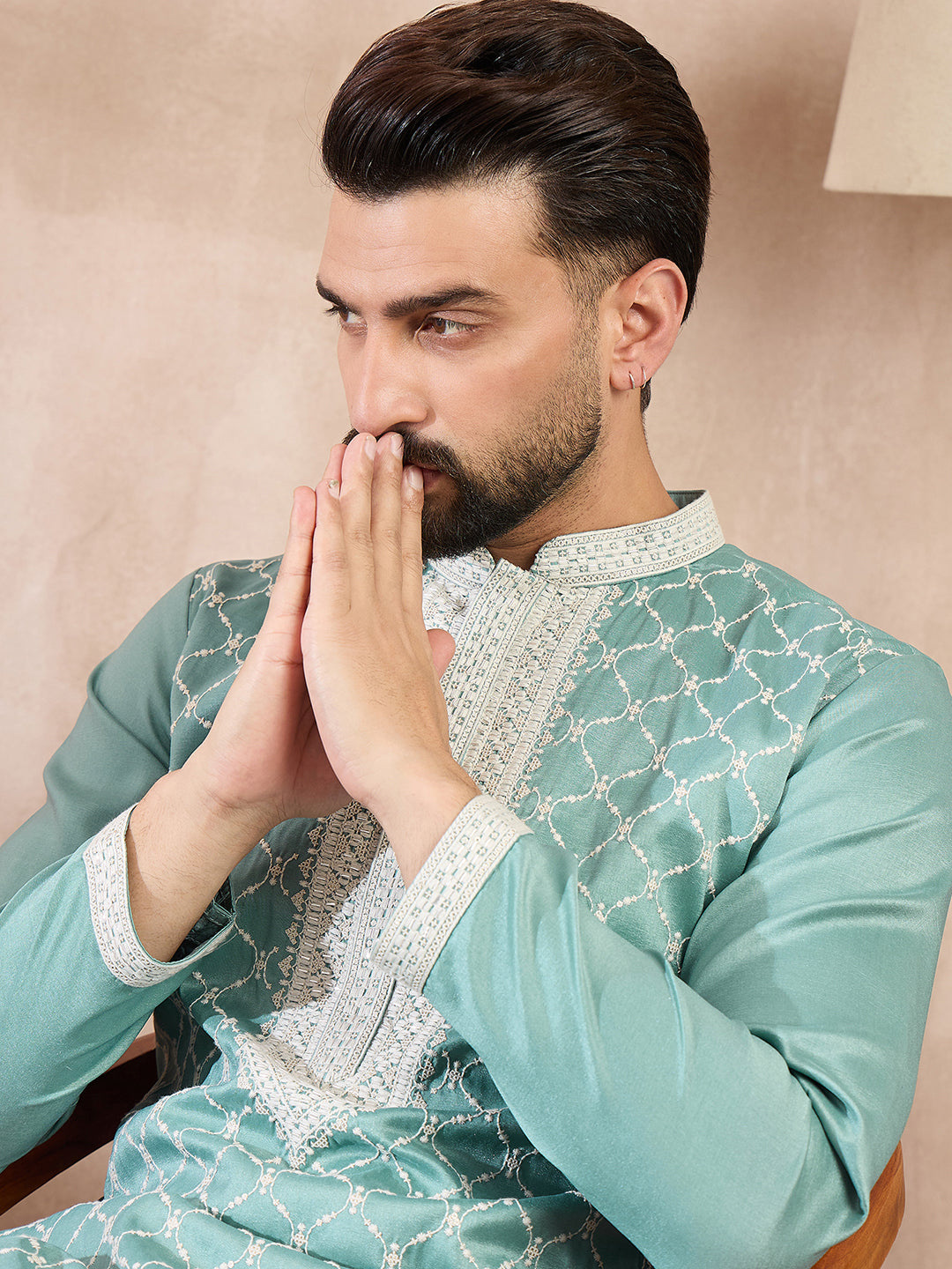 Ethnic Bay Men Teal Silk Blend Geometric Embroidered Straight Kurta-MKU1693