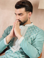 Ethnic Bay Men Teal Silk Blend Geometric Embroidered Straight Kurta-MKU1693