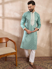 Ethnic Bay Men Teal Silk Blend Geometric Embroidered Straight Kurta-MKU1693