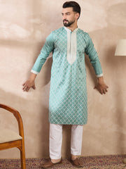 Ethnic Bay Men Teal Silk Blend Geometric Embroidered Straight Kurta-MKU1693