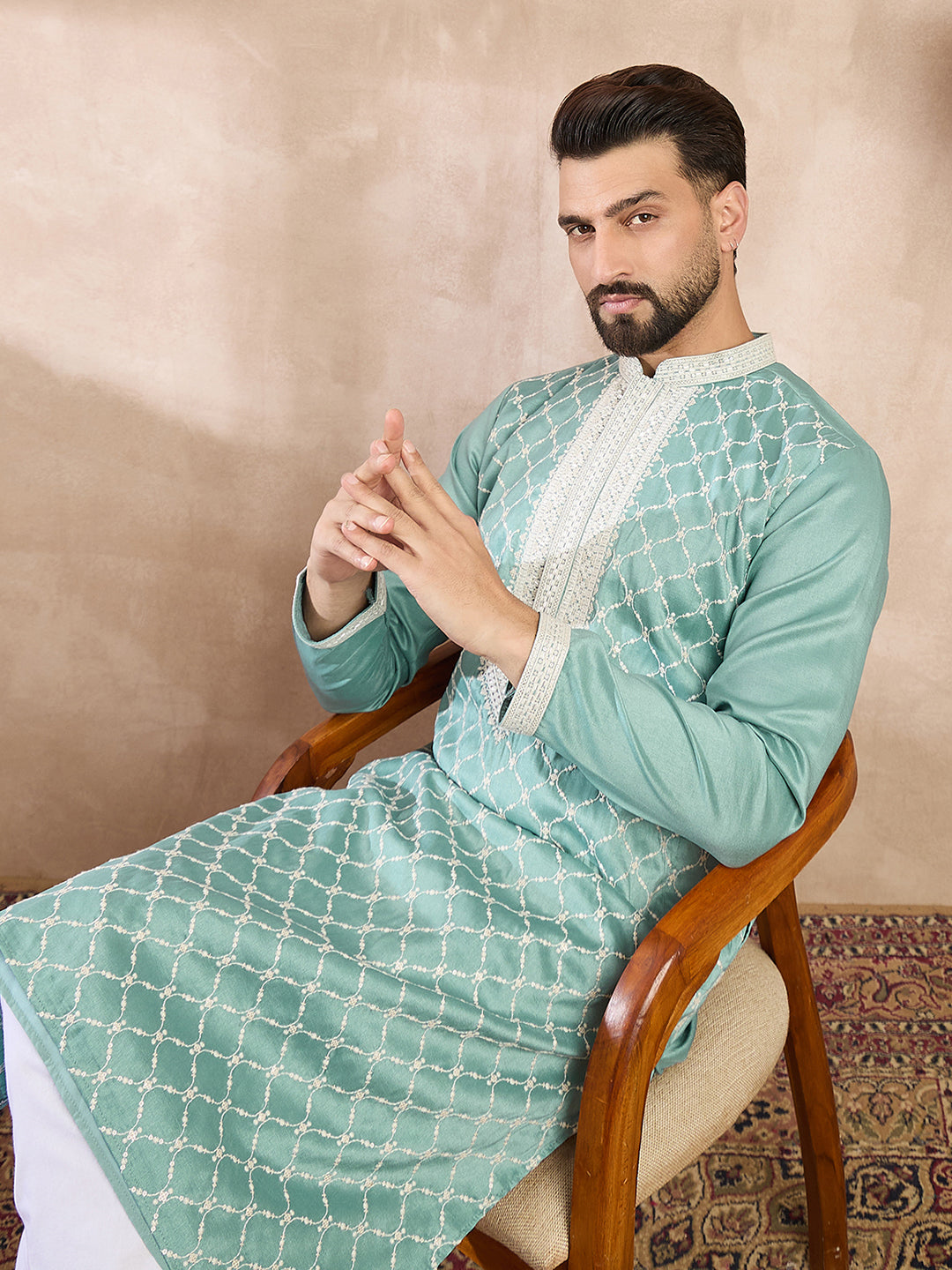 Ethnic Bay Men Teal Silk Blend Geometric Embroidered Straight Kurta