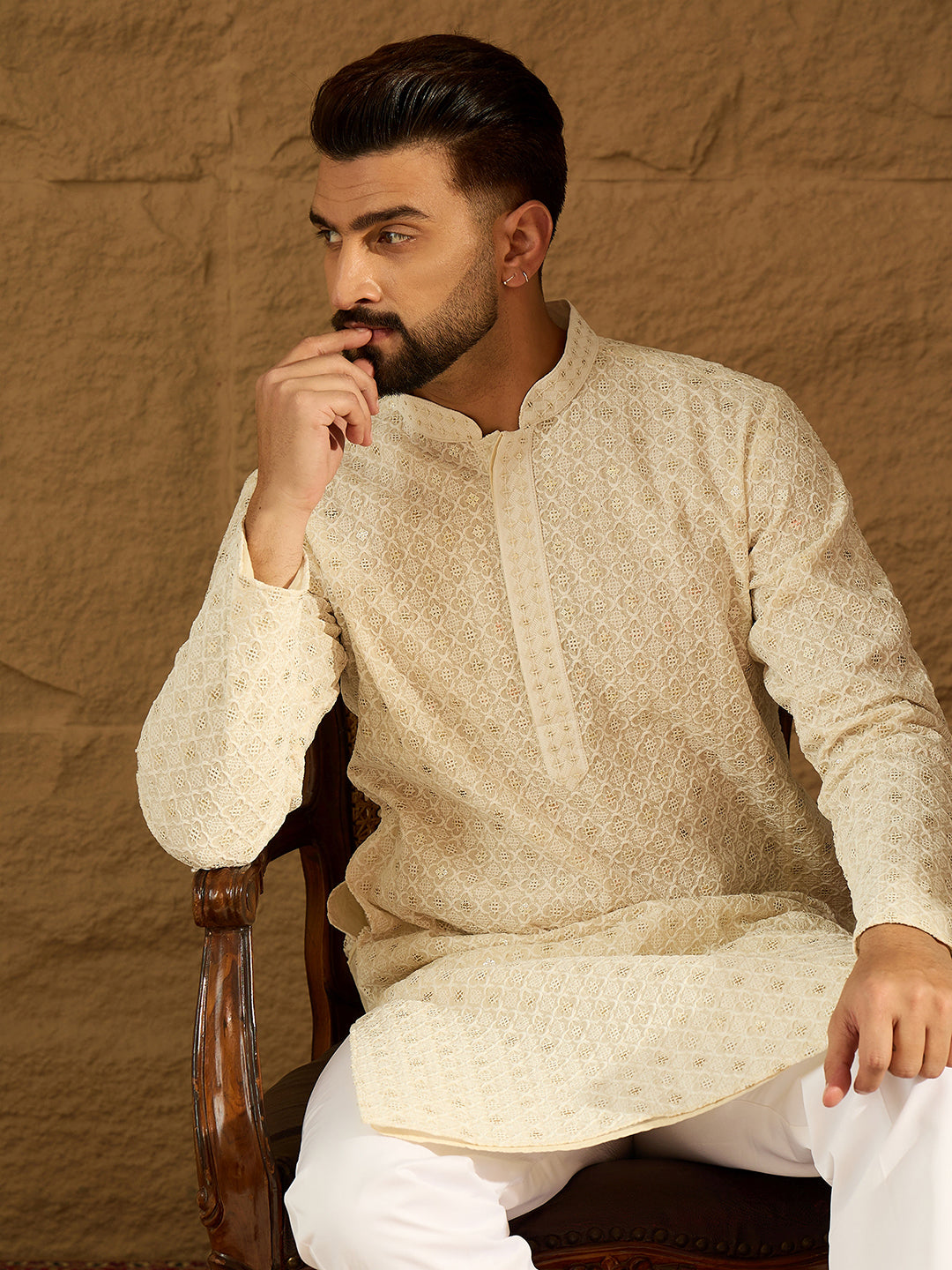 Ethnic Bay Men Off White Cotton Solid Printed Straight Kurta-MKU1699