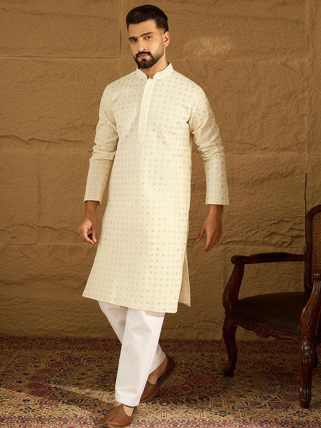 Ethnic Bay Men Off White Cotton Solid Printed Straight Kurta-MKU1699