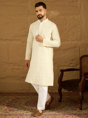Ethnic Bay Men Off White Cotton Solid Printed Straight Kurta-MKU1699