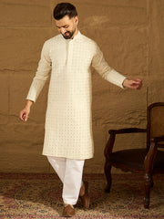 Ethnic Bay Men Off White Cotton Solid Printed Straight Kurta-MKU1699