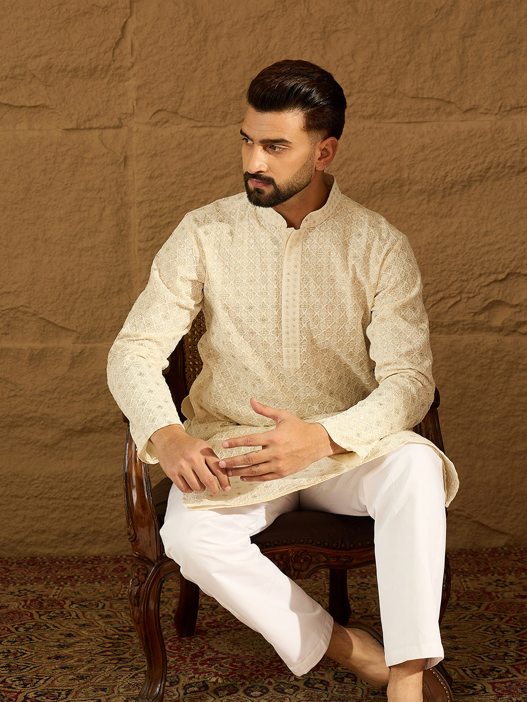 Ethnic Bay Men Off White Cotton Solid Printed Straight Kurta-MKU1699