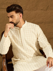Ethnic Bay Men Off White Cotton Solid Printed Straight Kurta-MKU1700
