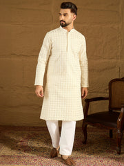 Ethnic Bay Men Off White Cotton Solid Printed Straight Kurta-MKU1700