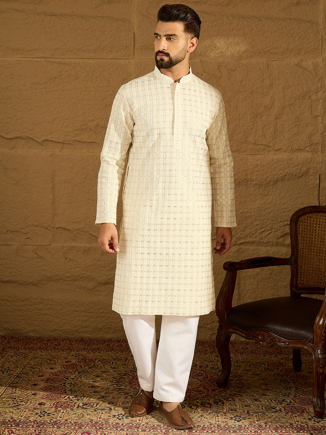 Ethnic Bay Men Off White Cotton Solid Printed Straight Kurta-MKU1700