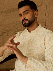 Ethnic Bay Men Off White Cotton Solid Printed Straight Kurta-MKU1701