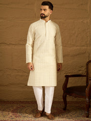 Ethnic Bay Men Off White Cotton Solid Printed Straight Kurta-MKU1701
