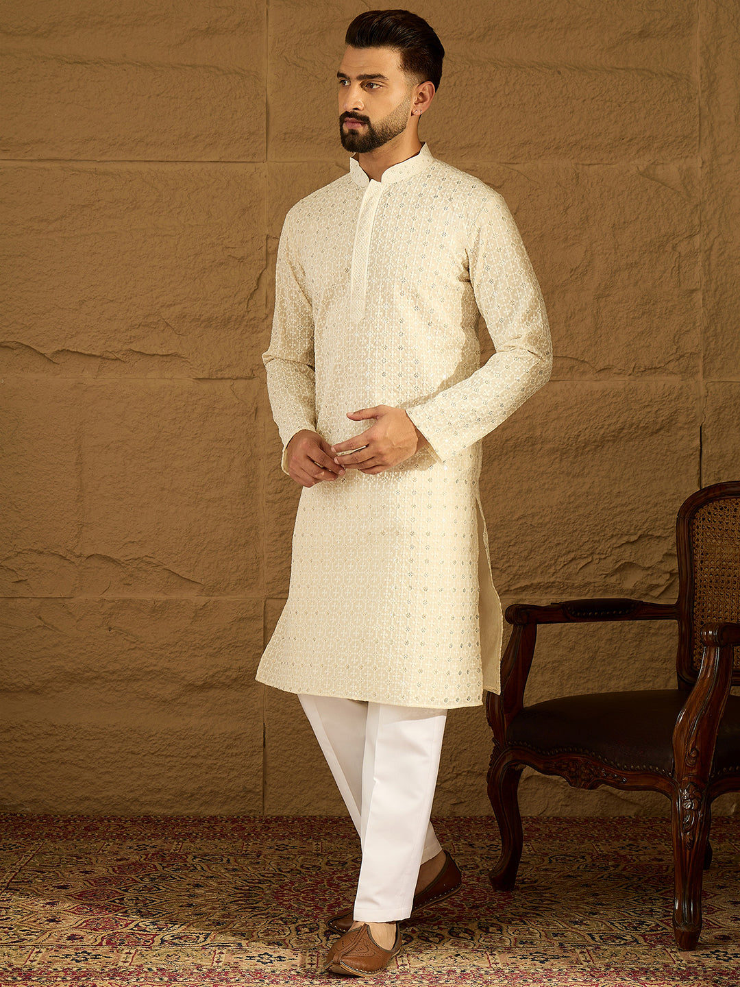 Ethnic Bay Men Off White Cotton Solid Printed Straight Kurta-MKU1701