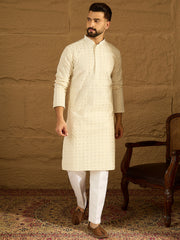 Ethnic Bay Men Off White Cotton Solid Printed Straight Kurta-MKU1701