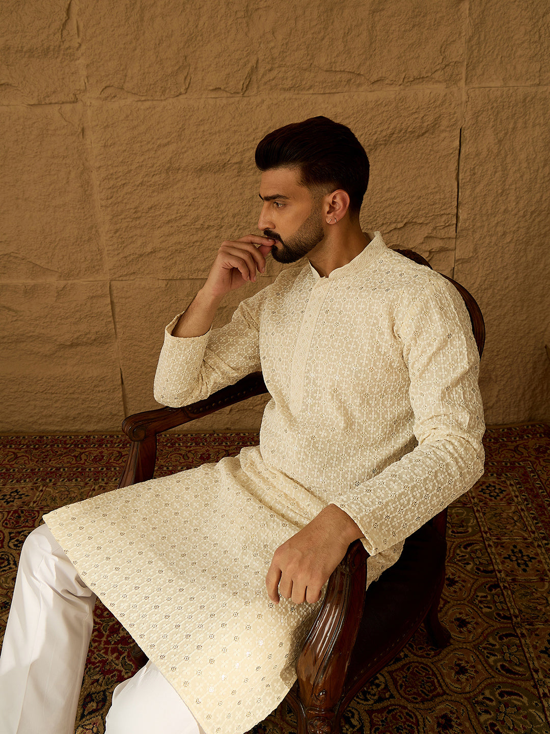 Ethnic Bay Men Off White Cotton Solid Printed Straight Kurta-MKU1701