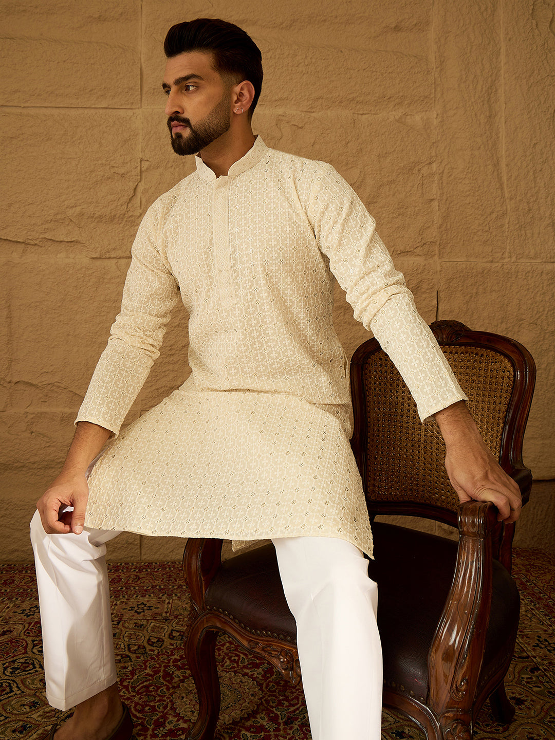 Ethnic Bay Men Off White Cotton Solid Printed Straight Kurta-MKU1701
