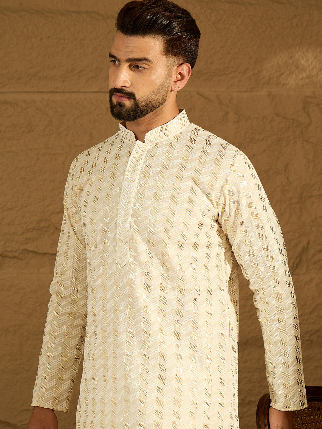 Ethnic Bay Men Off White Cotton Solid Printed Straight Kurta-MKU1702