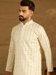 Ethnic Bay Men Off White Cotton Solid Printed Straight Kurta-MKU1702