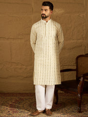 Ethnic Bay Men Off White Cotton Solid Printed Straight Kurta-MKU1702