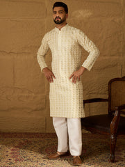 Ethnic Bay Men Off White Cotton Solid Printed Straight Kurta-MKU1702