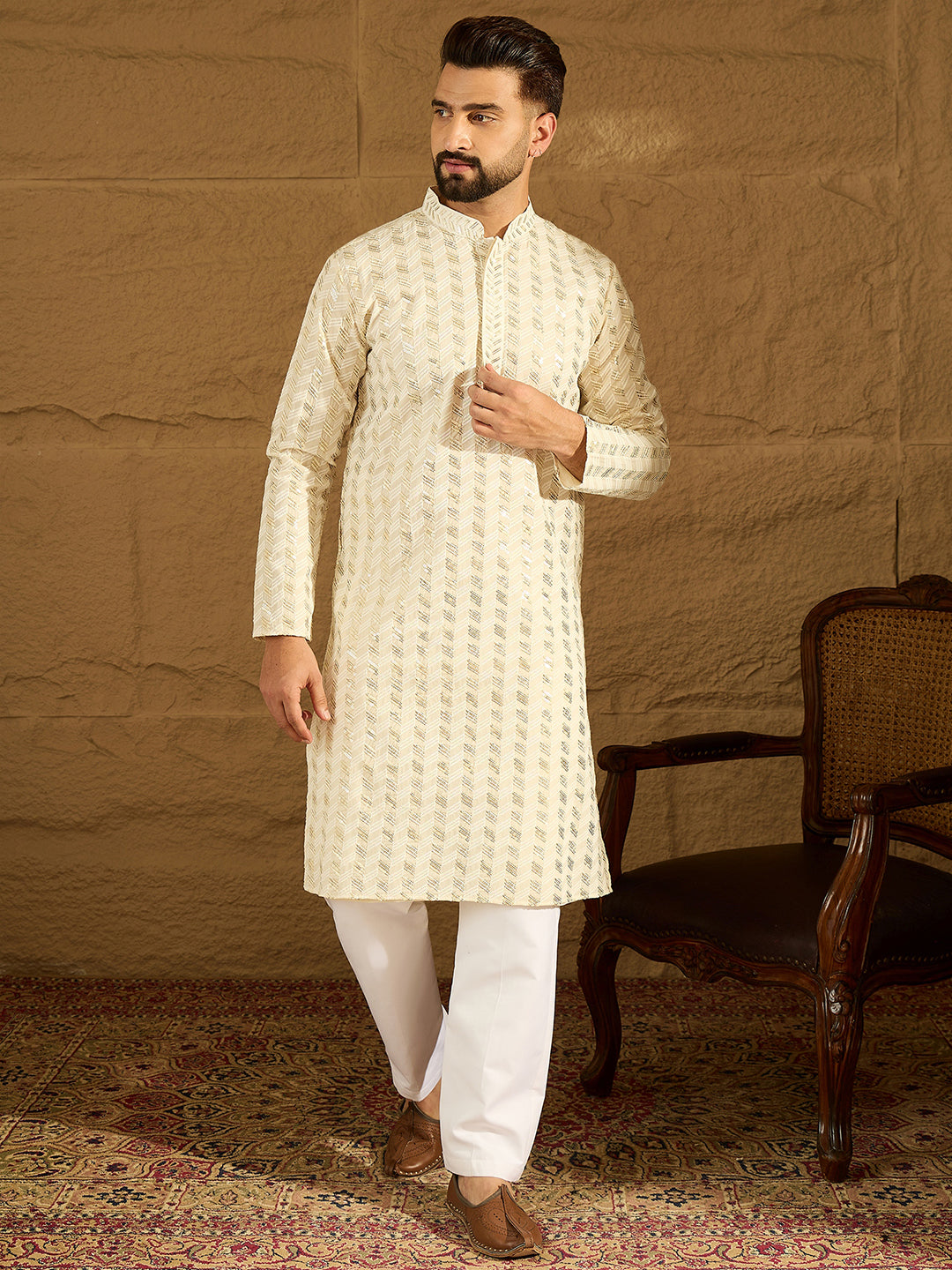 Ethnic Bay Men Off White Cotton Solid Printed Straight Kurta-MKU1702