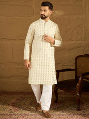 Ethnic Bay Men Off White Cotton Solid Printed Straight Kurta-MKU1702