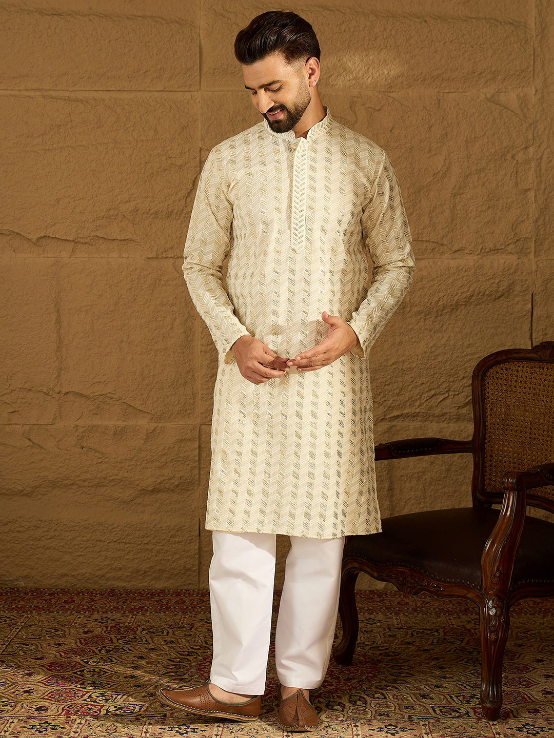 Ethnic Bay Men Off White Cotton Solid Printed Straight Kurta-MKU1702