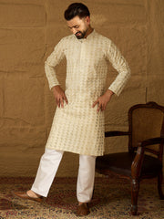 Ethnic Bay Men Off White Cotton Solid Printed Straight Kurta-MKU1702