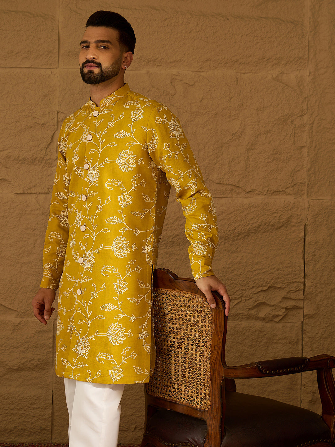 Ethnic Bay Men Yellow Viscose Rayon Solid Embroidered Straight Kurta-MKU1703