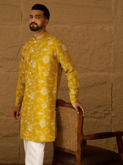 Ethnic Bay Men Yellow Viscose Rayon Solid Embroidered Straight Kurta-MKU1703