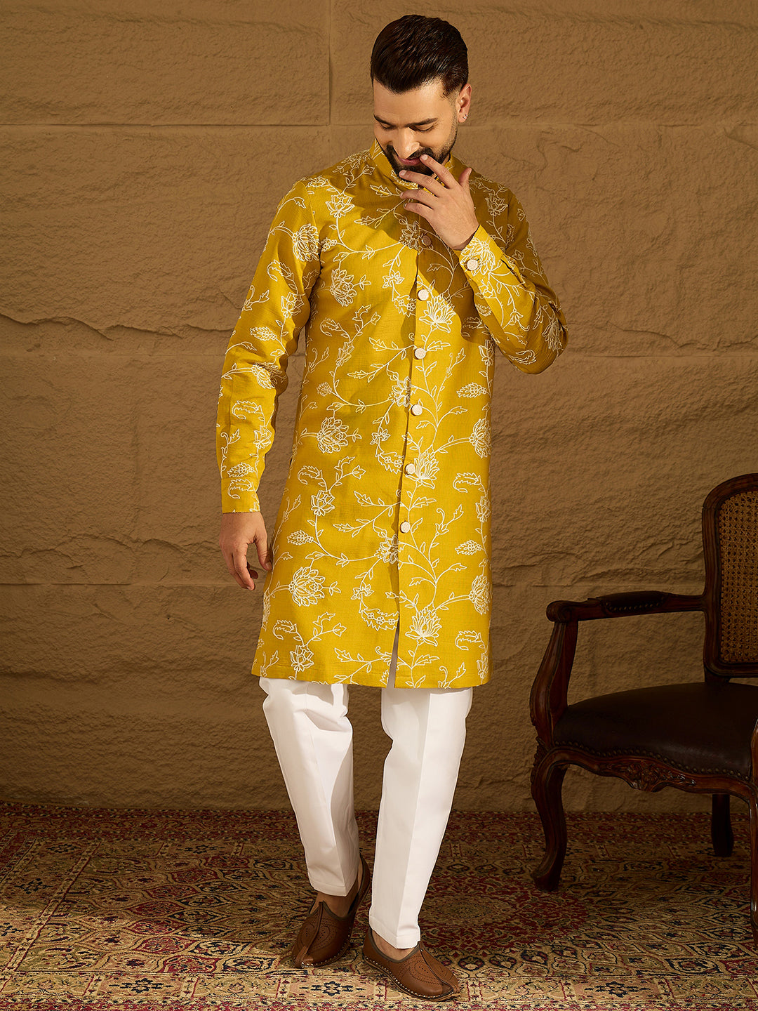 Ethnic Bay Men Yellow Viscose Rayon Solid Embroidered Straight Kurta-MKU1703