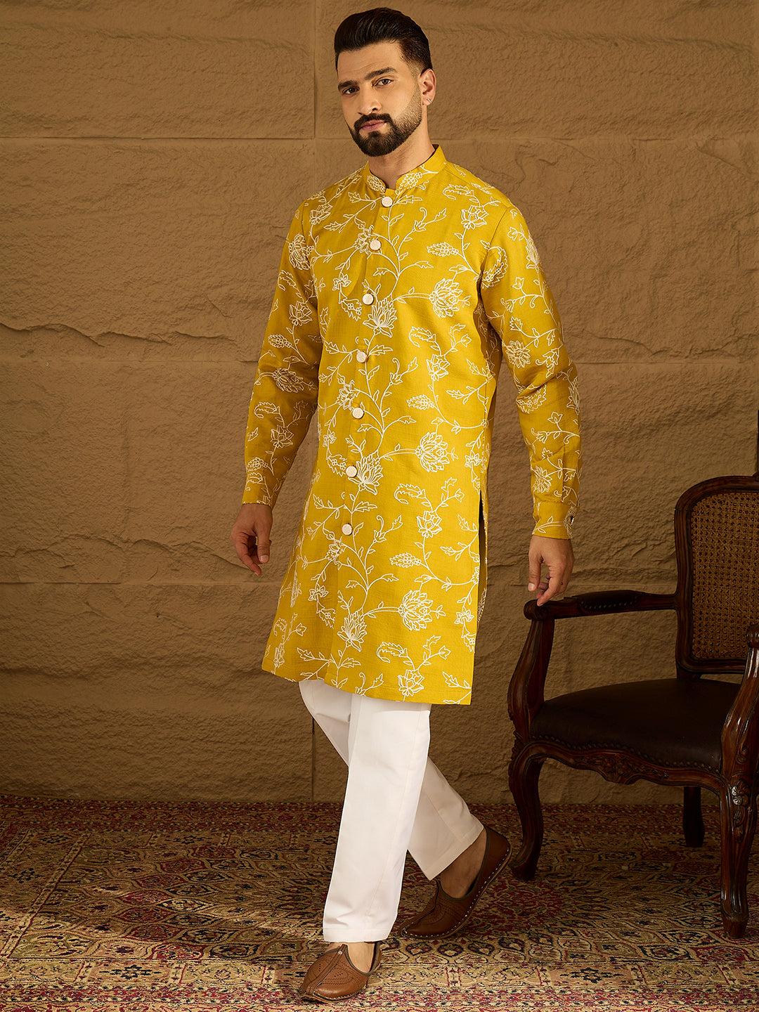 Ethnic Bay Men Yellow Viscose Rayon Solid Embroidered Straight Kurta-MKU1703
