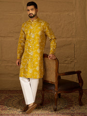 Ethnic Bay Men Yellow Viscose Rayon Solid Embroidered Straight Kurta-MKU1703