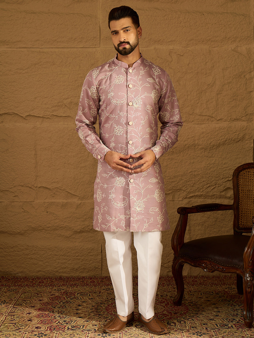 Ethnic Bay Men Lavender Viscose Rayon Solid Embroidered Straight Kurta-MKU1704