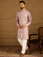 Ethnic Bay Men Lavender Viscose Rayon Solid Embroidered Straight Kurta-MKU1704