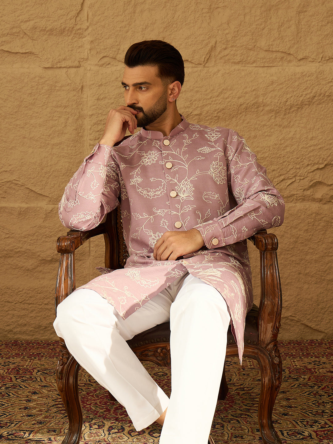 Ethnic Bay Men Lavender Viscose Rayon Solid Embroidered Straight Kurta-MKU1704