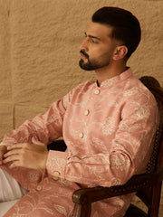 Ethnic Bay Men Peach Viscose Rayon Solid Embroidered Straight Kurta-MKU1705
