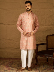 Ethnic Bay Men Peach Viscose Rayon Solid Embroidered Straight Kurta-MKU1705