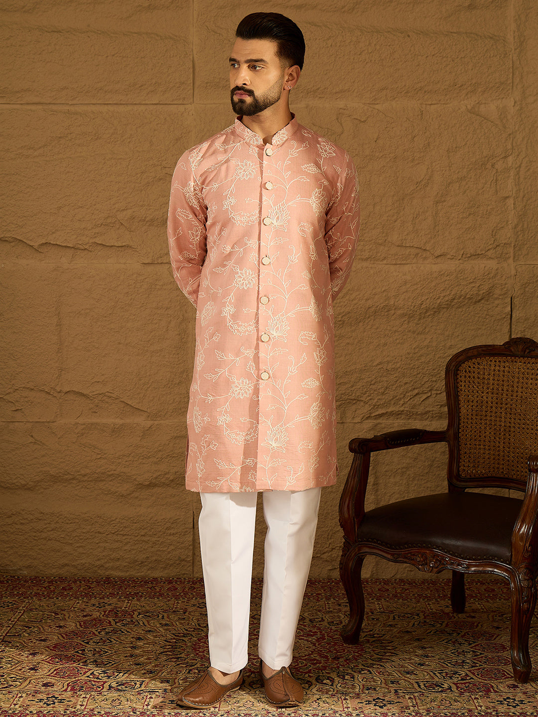 Ethnic Bay Men Peach Viscose Rayon Solid Embroidered Straight Kurta-MKU1705