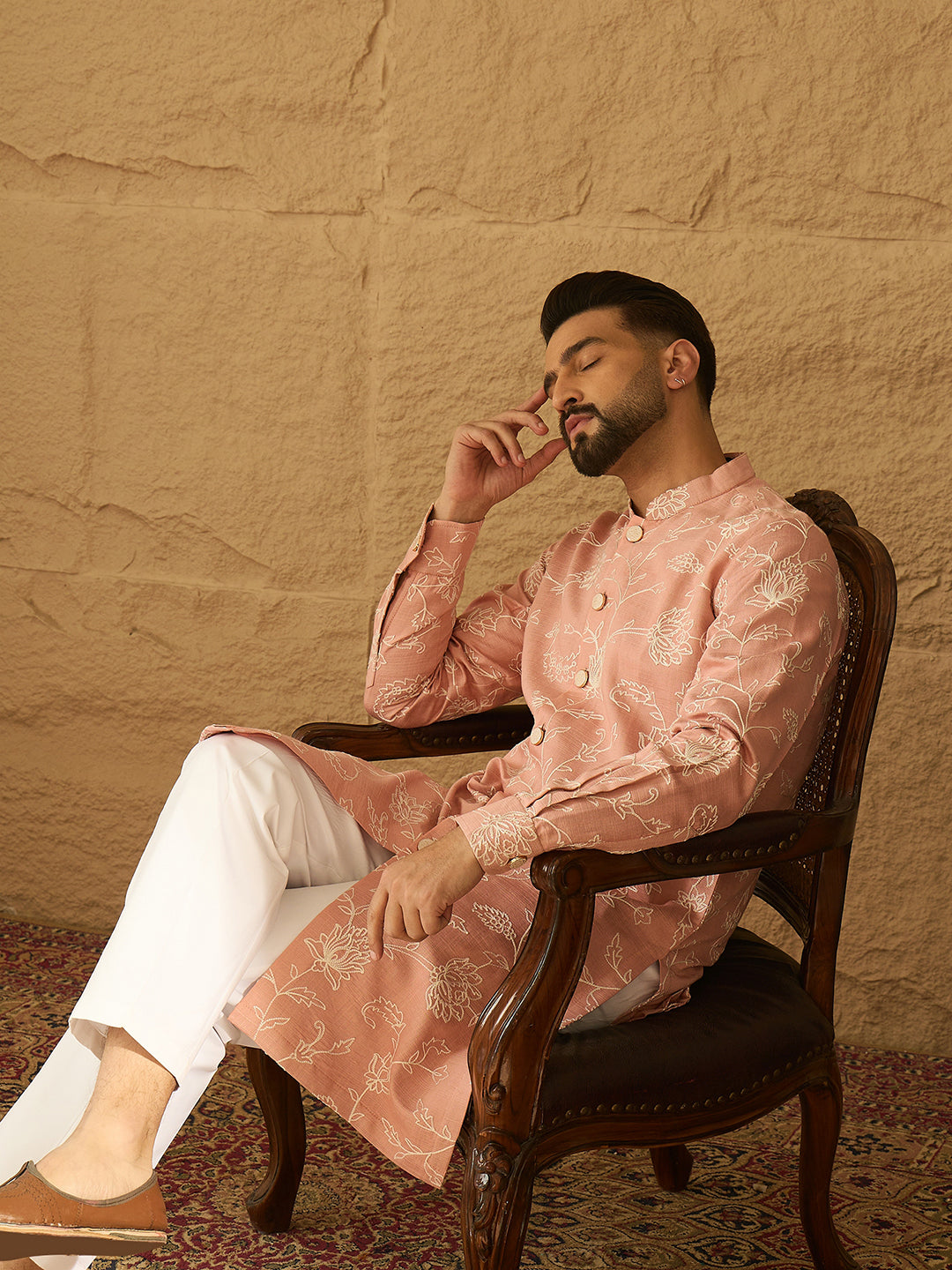Ethnic Bay Men Peach Viscose Rayon Solid Embroidered Straight Kurta-MKU1705