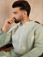 Ethnic Bay Men Blue Silk Blend Ombre Embroidered Straight Kurta-MKU1707
