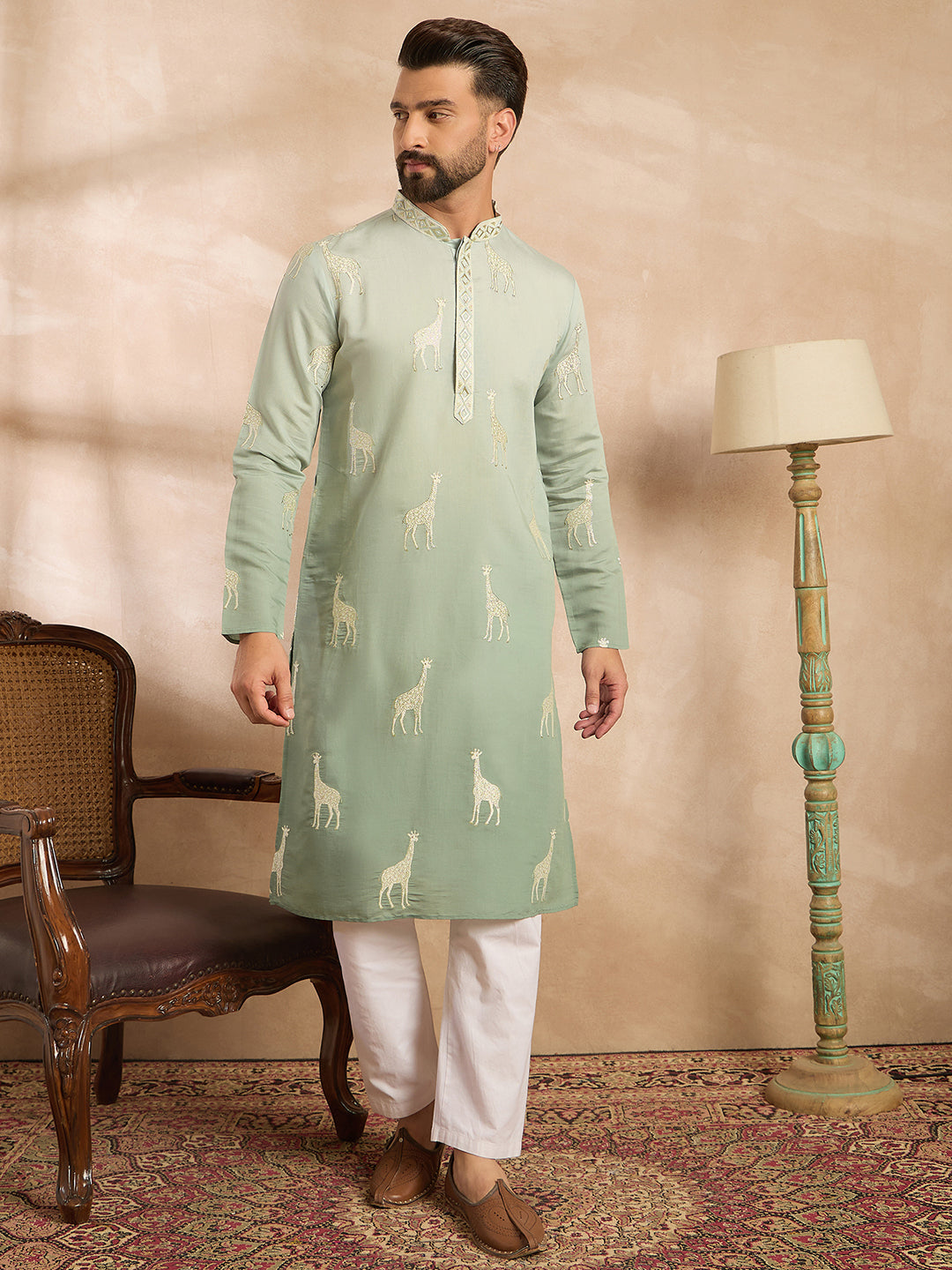Ethnic Bay Men Blue Silk Blend Ombre Embroidered Straight Kurta