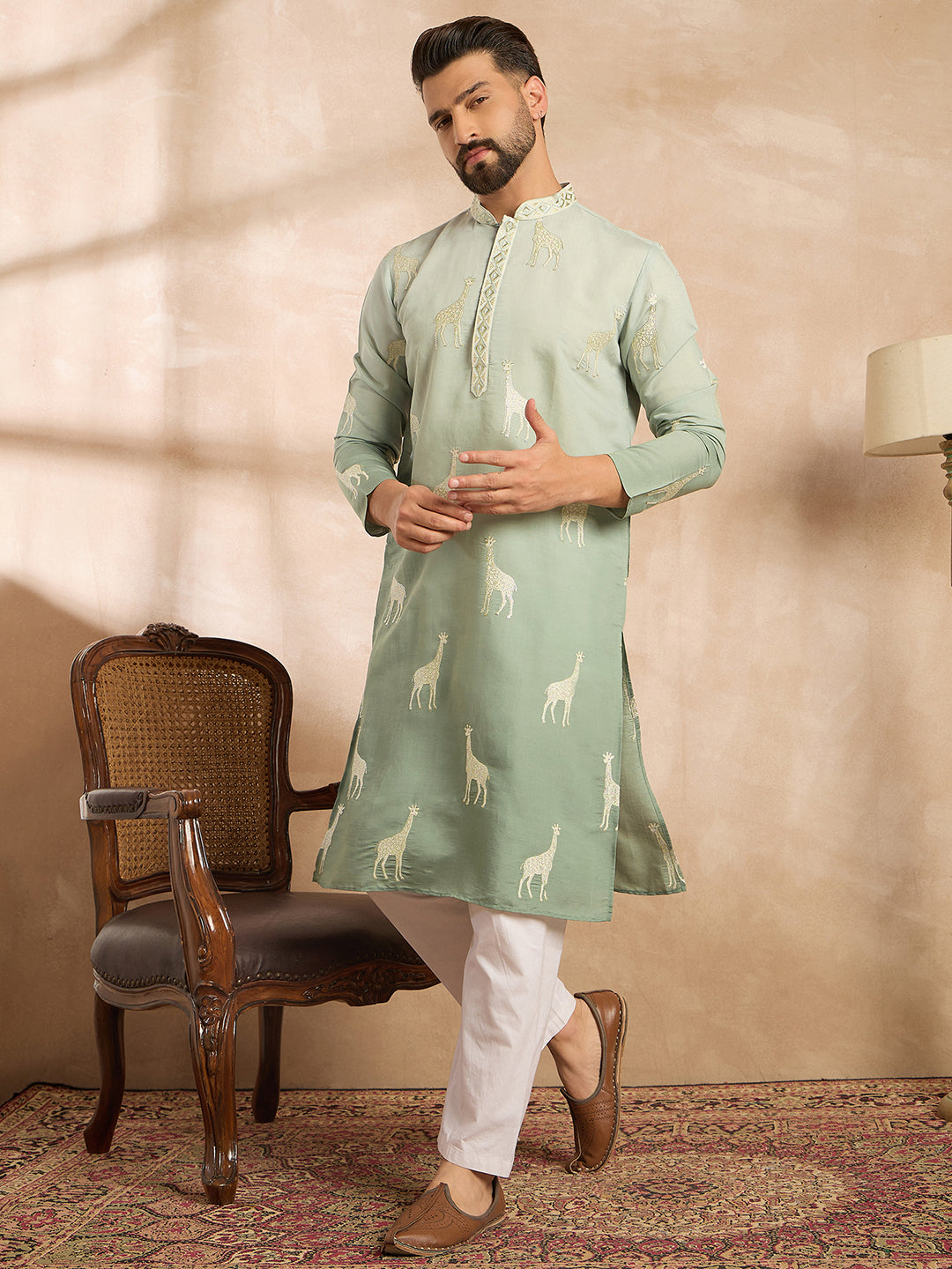 Ethnic Bay Men Blue Silk Blend Ombre Embroidered Straight Kurta
