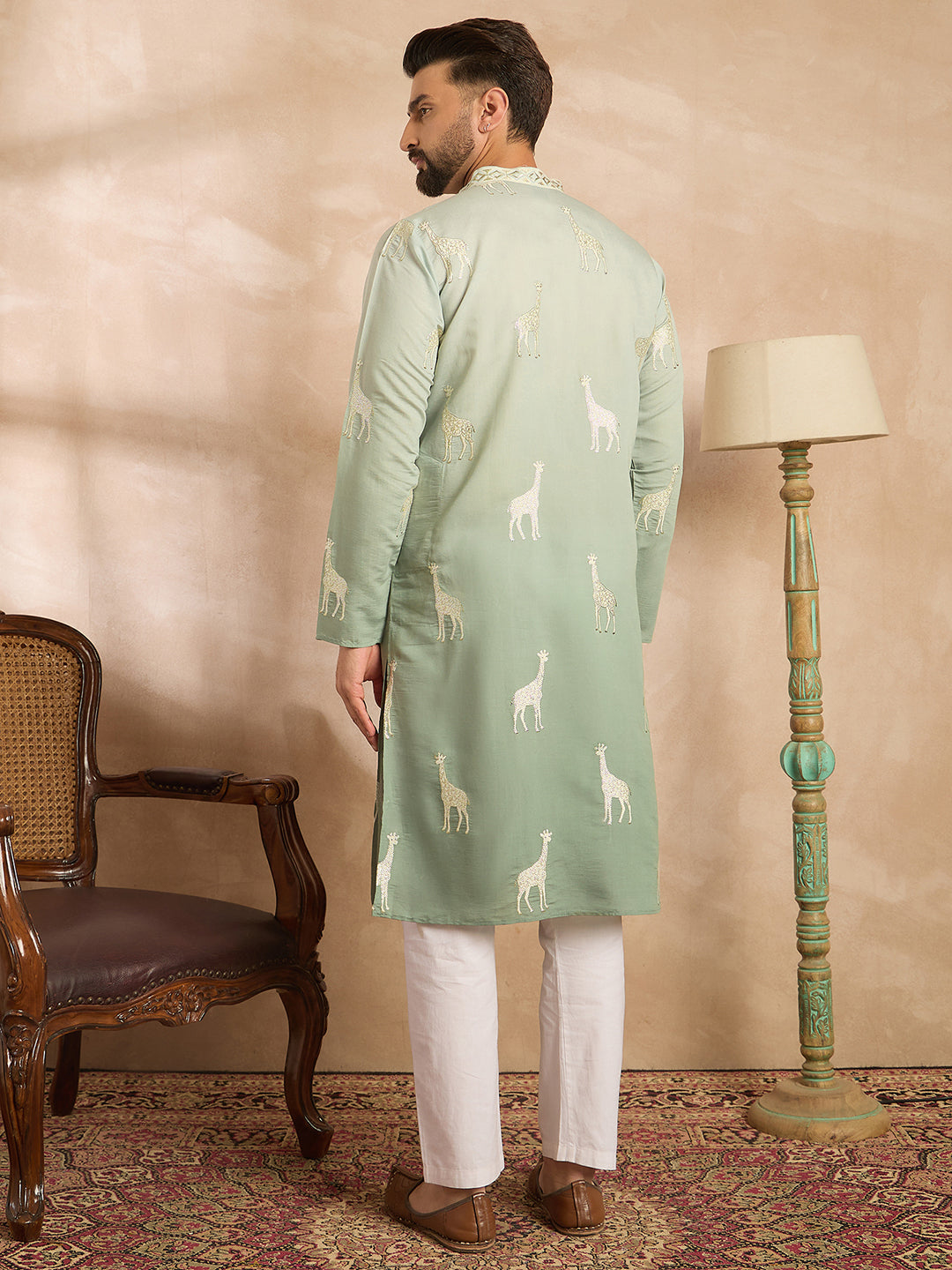 Ethnic Bay Men Blue Silk Blend Ombre Embroidered Straight Kurta